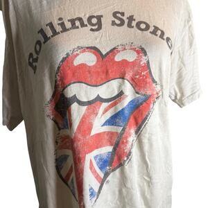 Rolling Stones Union Jack Tongue Logo Tee, White, Vintage Style, Size Large